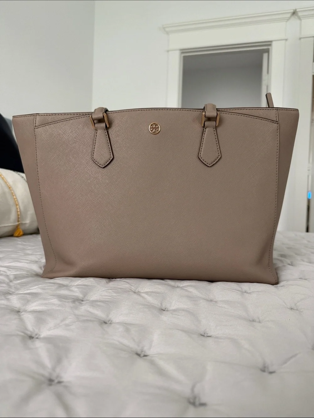 As Is - Tory Burch Taupe Leather Saffiano Tote with Gold Logo
